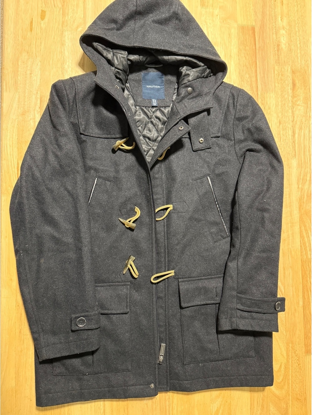 Nautica Men’s Large Black Wool Blend Hooded Duffle Coat Toggle Winter Jacket